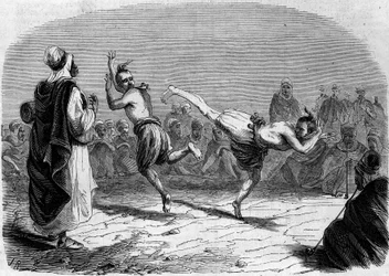 Costumbre argelina: danza árabe. Dibujo del Sr. Rigo, basado en un boceto del Sr. Ameler, jefe de batallón. Grabado en «Le Monde Illustré» n.º 86 del 11 de diciembre de 1858.