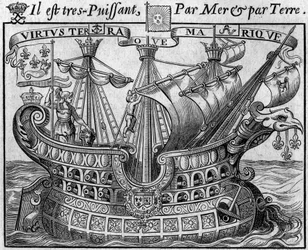 Alegoría del poder francés: “El barco del Estado”, símbolo de Francia, también recuerda las armas de la ciudad de París. Extracto del “Libro de monedas extranjeras o el gran banquero de Francia” (1687) de François Barrême (1638-1703), matemático francés. G