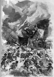 Alegoría del plebiscito de Napoleón III en 1870. La urna del plebiscito se convierte en una olla en la que se cuece el voto popular. El fuego es alimentado por la madera muerta del viejo árbol de la constitución francesa. Grabado por Edmond Morin en “The I