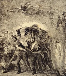 Alegoría de la devolución de las cenizas del emperador francés Napoleón Bonaparte en 1840. Siglo XIX (grabado de "Clours, mores, usages, costumes, inventions