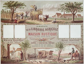 Almanaque que ilustra métodos tradicionales y modernos de agricultura, c.1870-80