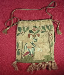 Bolsa de limosnas que representa el regreso de un cazador (seda bordada)