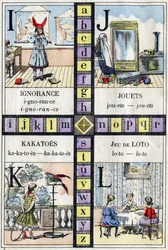 Alfabeto y Letras I J K y L, ignorancia, juguetes, cacatúas y juego de lotería. ABC de las niñas. Imagen de Epinal