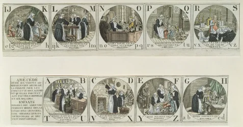 Abecedario ilustrado representando el trabajo de las Hermanas de la Caridad, principios del siglo XIX