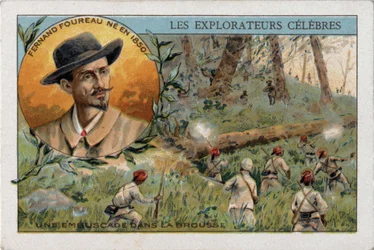 Emboscada en la selva africana durante una expedición del explorador francés Frenand Fourreau (1850-1914). Cromolitografía del siglo XIX.