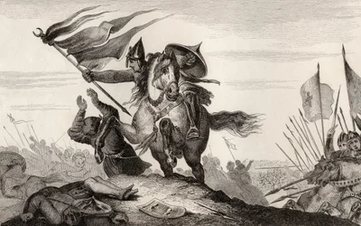 Un caballero francés del siglo VIII en combate, de la "Histoire de France" de Colart, publicada hacia 1840 (grabado).