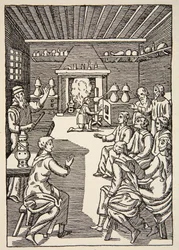 Una lección de alquimia en el siglo XIV, copia de Boris Mestchersky (d.1957) ilustración de Histoire de la Nation Francaise, Sciences, Volúmenes I y II, por Gabriel Hanotaux (1853-1944), 1924