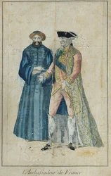 Un embajador de Francia con su dragomán, grabado por Moutier (grabado en color)