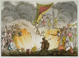 Una viuda india se quema hasta morir con el cuerpo de su esposo, placa 30 de un libro sobre la India, grabado por Gaetano Zancon