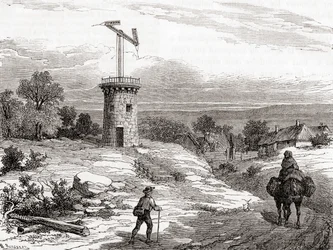 Un poste de telégrafo aéreo en el siglo XVIII, de Les Merveilles de la Science, publicado c.1870 (grabado)