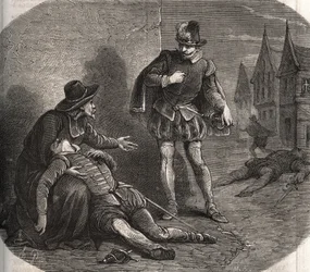 Un emisario del Rey de Francia Enrique III (1551-1589) fue encontrado moribundo en las calles de Roma en 1582. Llevaba un mensaje comprometedor del rey sobre su hermana, Margarita de Valois (1553-1615), conocida como Reina Margot. Grabado de 1871 en