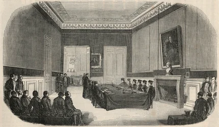 Un examen en la sala de juntas de la Escuela de Derecho en París - Grabado en “Tableau-de-Paris” por Edmond Texier 1852
