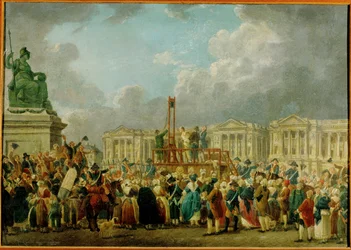 Una ejecución en la plaza de la Revolución, antigua plaza Luis XV, hoy plaza de la Concordia, París ... (óleo sobre madera)
