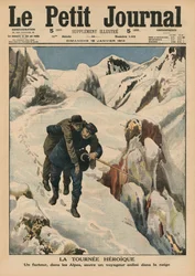Una ronda heroica, un cartero alpino rescatando a un viajero atrapado en la nieve, ilustración de portada de 