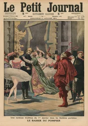 Una extraña tradición del 1 de enero en los teatros parisinos, el «Beso del bombero», ilustración de portada de Le Petit Journal, suplemento ilustrado, 4 de enero de 1914