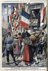 Un viejo soldado francés en Estrasburgo ocupado por los alemanes tiene permiso para mostrar la bandera francesa - "Le Petit Journal" 20 de septiembre de 1908 (grabado)