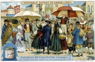 Un comerciante de orvietan (charlatán) instalado en la feria de un pequeño pueblo en Alemania - Etiqueta publicitaria Liébig, c.1900