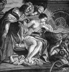 Antiguo Egipto: Keops habría prostituido a su hija para pagar la construcción de las Pirámides (proxenetismo). Grabado en «La historia de la prostitución y el libertinaje entre todos los pueblos del mundo desde la antigüedad hasta nuestros días» por Dr.