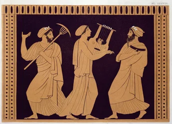Escena de teatro griego antiguo, después de un jarrón antiguo