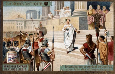 Roma antigua: Triunfador al Capitolio para hacer ofrendas a Júpiter - Cromolitografía Liébig, c.1900