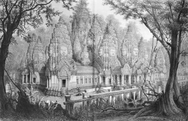 Ruinas de Angkor, Bayon, ilustración de Atlas del viaje de exploración en Indochina, 1866-68 por Doudart de Lagrée, publicado en 1873, París, Hachette