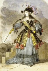 Ana María Luisa de Orleans disparando los cañones de la Bastilla (grabado en color)