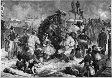 Fiesta anual de pequeños deshollinadores en las calles de Londres, Inglaterra, mayo de 1860. Durante el baile que celebra la llegada de la primavera, un niño hace una colecta con los espectadores; Grabado en "Le Monde Illustré" n°160 del 12 de mayo de 1860