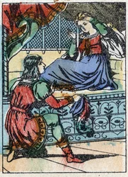 Ilustración anónima para "La bella durmiente", cuento de Charles Perrault (1628-1703), escritor francés. Grabado en madera de Imaging Pellerin - Epinal, sd. Finales del siglo XIX.