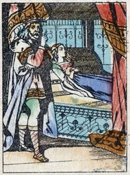 Ilustración anónima para "La bella durmiente", cuento de Charles Perrault. Grabado en madera de Imaging Pellerin - Epinal, finales del siglo XIX
