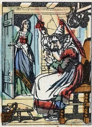 Ilustración anónima para "La bella durmiente", cuento de Charles Perrault (1628-1703), escritor francés. Grabado en madera de Imaginería Pellerin - Epinal, finales del siglo XIX.