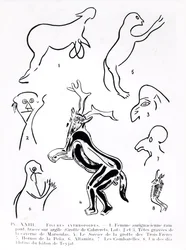 Figuras antropoides en cuevas prehistóricas, de Les Artistes Prehistoriques por Morin-Jean, 1933