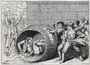 Persecución antisemita en el siglo XVII: un judío rueda en un barril por los habitantes de Roma. Ilustración de "Meo Patacca", poema de Giuseppe Berneri (1637-1700). Grabado por Bocourt