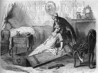 Antoine-François Desrues, envenenador francés, pone el cadáver de su víctima Madame de La Motte en un baúl - Grabado en “Causas célebres de todos los pueblos” de Armand Fouquier 1858-1867 - colección privada