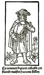 Retrato apócrifo del poeta François Villon en “The Grand Testament” - “Cy comence le grant codicille & testamet maistre François Villon” (aquí comienza el gran codicille y testamento) edición P Levet 1489.