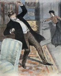 Ataque de apoplejía (cese repentino de la actividad cerebral debido a un accidente de la circulación sanguínea en el cerebro). Ilustración de finales del siglo XIX para la novela Gogosse de Max Villemer