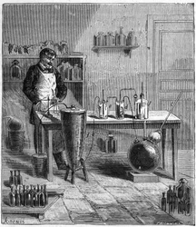 Aparato de Eugene Soubeiran (1797-1858) para la preparación de bicarbonato de sodio - Grabado en “Ciencias al alcance de todos: física y química populares” por Alexis Clerc - Finales del siglo XIX - Colección privada