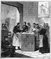 Aparato utilizado en hospitales de París a finales del siglo XIX para la guerra de la sarna con azufre - Grabado en “Ciencias llevadas a la gracia de todos - física y química” por Alexis Clerc - Finales del siglo XIX - Colección privada