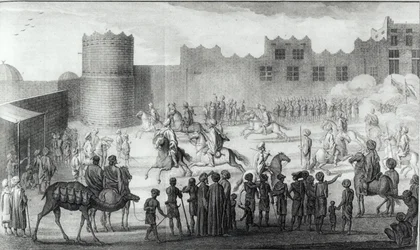 Luchadores Árabes Ejercitándose en Yemen, de la Descripción de Arabia hecha sobre observaciones propias y avisos recogidos en los mismos lugares por Carsten Niebuhr, publicado en 1774