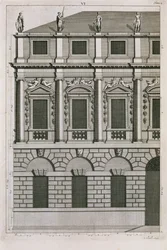Diseño arquitectónico demostrando proporciones palladianas, grabado por Bernard Picart c.1716