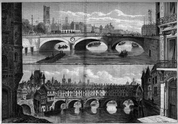 Arquitectura, París: vistas del antiguo puente au Change (1639-1647) en 1660 y el nuevo puente construido en 1860. Grabado en "Le Monde Illustré" n°184 del 20 de octubre de 1860