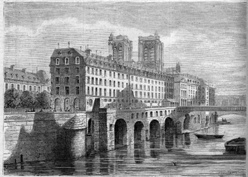 Arquitectura: vista exterior del Hotel Dieu en la Île de la Cité en París, antes de su demolición. Vista tomada desde el Quai de la Tournelle en 1859. Grabado en “Le Monde Illustré” n°136 del 19 de noviembre de 1859.