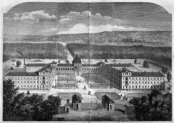 Arquitectura; vista general del Asilo Imperial para trabajadores convalecientes del Vesinet, construido según los planos del arquitecto Eugene Laval (1818-1869) e inaugurado en 1859. Grabado en “Le Monde Illustré” n°77 del 2 de octubre de 1858.