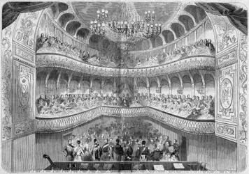 Arquitectura: vista interior del teatro (siglo XVIII) del palacio de Fontainebleau. Grabado en “Le Monde Illustré” n°61 del 12 de junio de 1858.