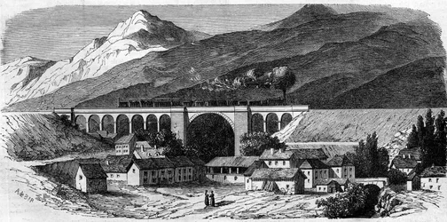 Arquitectura: vista del viaducto de Bellegarde (Rhone Alpes) en la línea ferroviaria que conecta Lyon con Ginebra. 1858. Grabado en "Le Monde Illustré" n°49 del 20 de marzo de 1858.