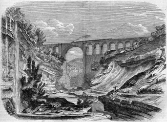 Arquitectura: vista del viaducto de Valserine (Rhone Alpes) en la línea ferroviaria que conecta Lyon con Ginebra. 1858. Grabado en “Le Monde Illustré” n°48 del 13 de marzo de 1858.