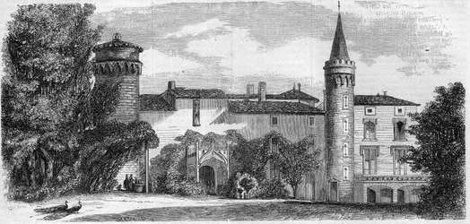 Arquitectura: vista del castillo de Saint Point (Saint-Point) (siglo XIII), residencia de Alphonse de Lamartine. Saona y Loira (71). Grabado en "Le Monde Illustré" n°29 del 31 de octubre de 1857.