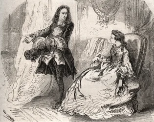 Armande Bejart (1641-1700), esposa de Jean Baptiste Poquelin dit Moliere (1622-1673) con su amante, el Conde de Guiche, Grabado de 1871 en “Histoire Des Cocus Celebres” de Henry de Kock (1819-1892).