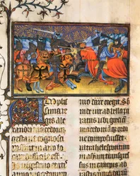 Luchador del ejército. Miniatura tomada del manuscrito de Francesco Petrarca o Petrarca (1304-1374) erudito, poeta y humanista italiano, De Viris Illustribus, 23rv. Biblioteca Universitaria de Valencia