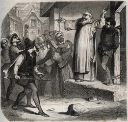 Arnaud du Tilh está atado a una horca y sometido a los insultos de la multitud antes de su ejecución por usurpar la identidad de Martin Guerre (circa 1524 alrededor de 1560). Grabado de 1871 en “Histoire Des Cocuses Celebres” de Henry de Kock