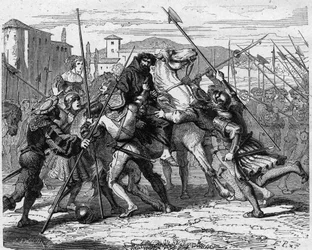 Arresto de Ludovico Maria Sforza, llamado el Moro (1452-1508), en Milán en 1500: traicionado por mercenarios suizos, cayó en manos del ejército francés. Grabado de «Historia de Francia en cien pinturas» de Paul Lehugeur